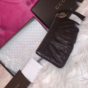 Gucci Britt Monogram Wristlet- Dark Brown